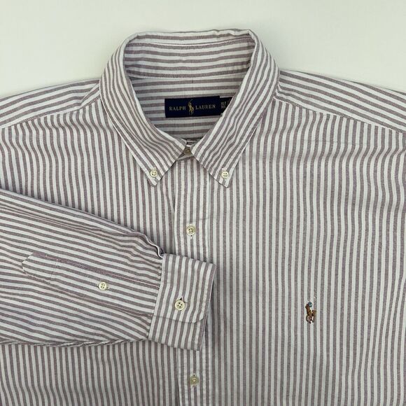 Ralph Lauren Oxford Button Up Shirt Mens Sz XLT Purple White Stripe Flesh Pony - Picture 1 of 12